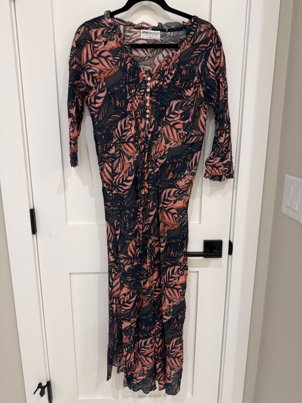 Navy and Coral Leaf-Print Maxi Dress